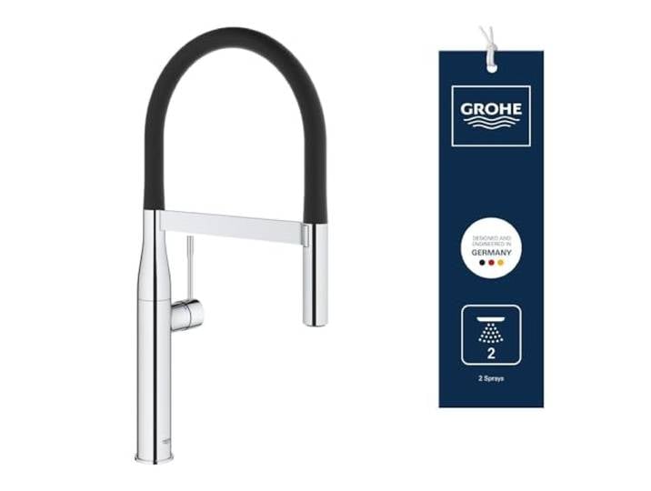 GROHE Essence, Küchenarmatur, ausziehbare Brause, 2 Strahlarten, Hochdruck Hoher Auslauf, 360° schwenkbar, Wasserhahn Küche, magnetische Profibrause, einfache Spülbecken-Montage (chrom, 30294000)