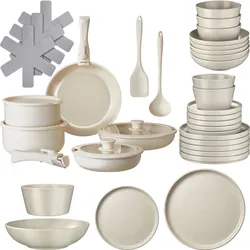 TecTake GmbH tectake Küchenstarterset für 6 Personen mit Geschirr, Töpfen etc.  Taupe/Weiß