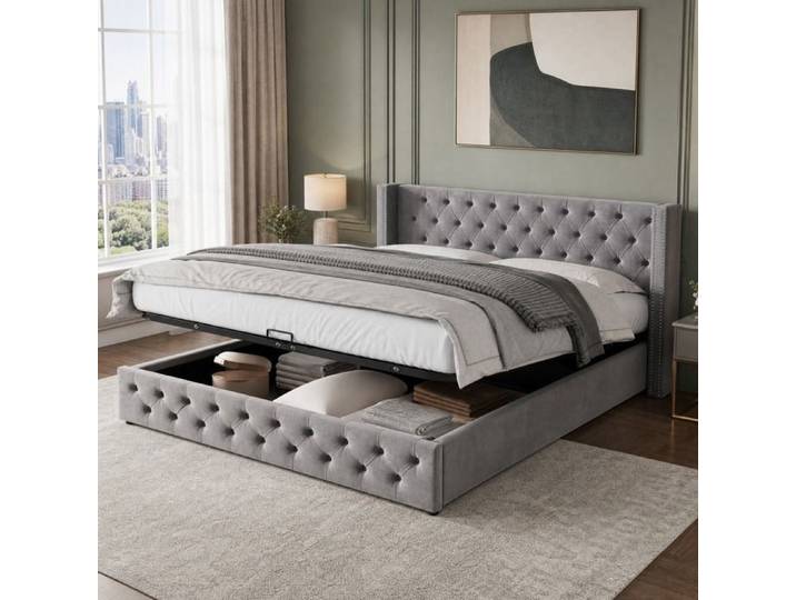 VUENOR Lit coffre 140x190 cm gris – ouverture hydraulique capitonné sans matelas