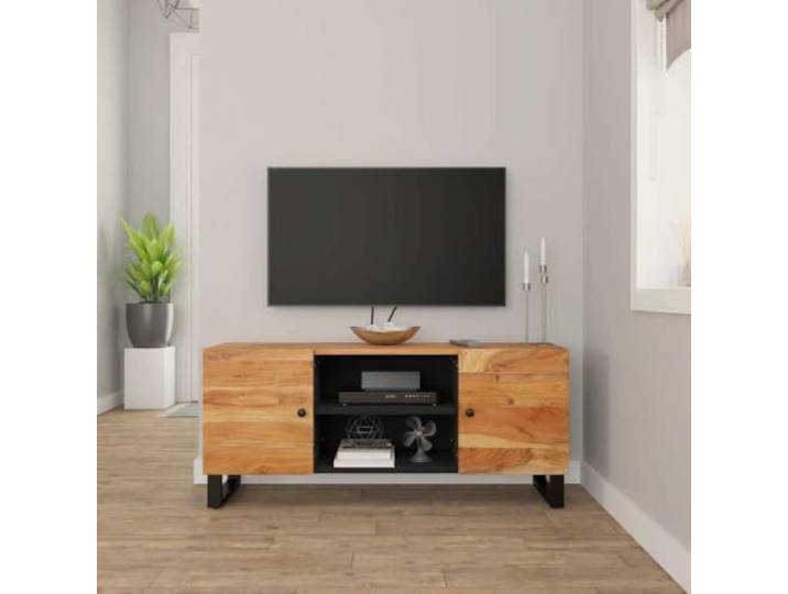 HEFZGDB TV-Schrank 105x33x46 cm aus Massivholz Akazie mit 4 Fächern, Industriestil TV-Ständer, Stauraum für Multimedia-Geräte, stabile Oberplatte, Robustes Hartholz Möbel