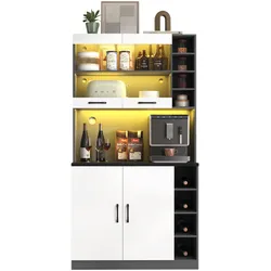 MODFU Küchenschrank Highboard 100x47x187 cm Weiß+Grau mit LED-Beleuchtung, Glasfach, Mikrowellenfach 43 cm, Kabelmanagement, verstellbare Fächer