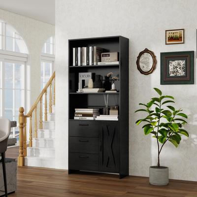 Garvee "71"" 6-Tier Bookcase with Door, 3 Drawers & Open Shelves"