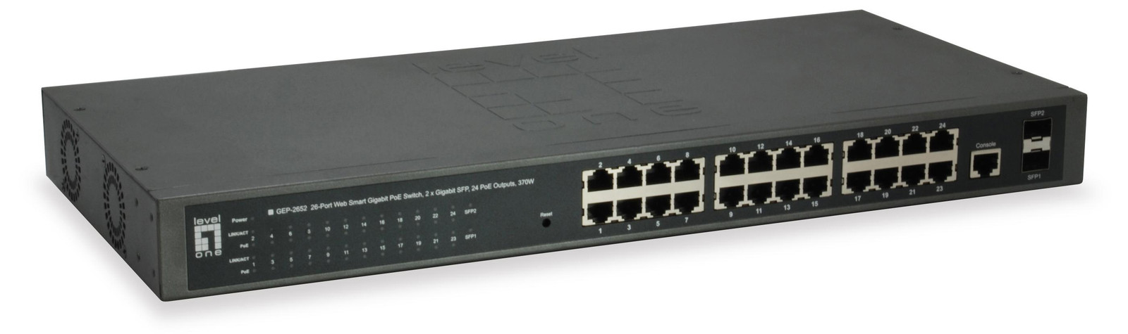 Level One GEP-2652 Switch met 24x GE, 2x GSFP en 24x PoE+ (370W)