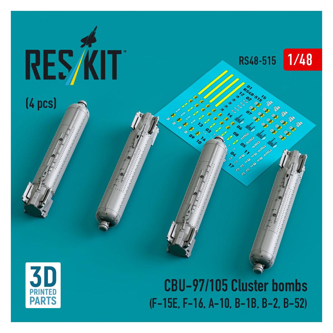ResKit CBU-97/105 cluster bombs (4 pcs) (F-15E, F-16, A-10, B-1B, B-2, B-52) (3D Printed) (RS48-0515)