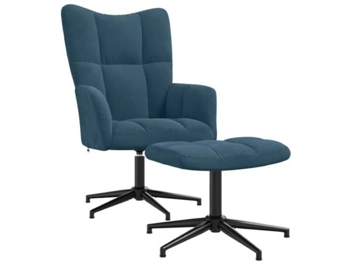 Relaxsessel mit Hocker Blau Samt 360-Grad-Drehung, Stahlgestell, Kreuzfüße, Schaumstoffpolsterung, quadratisches Design