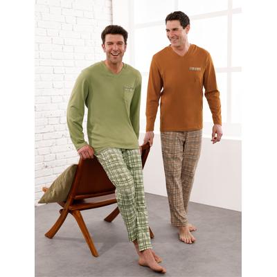 Schlafanzug KINGS CLUB, Herren, Gr. 56/58, grün (cognac, kariert, schilf, kariert), 100% Baumwolle, Homewear-Sets Schlafanzug