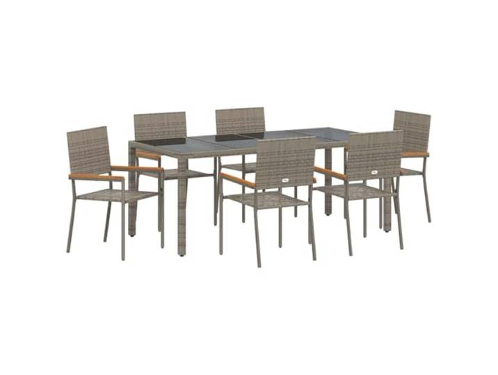 MNCVXAXG Esstisch-Set für den Garten, 7-teilig, Grau Tischplatte aus gehärtetem Glas, Armlehnen aus Akazienholz, Gestell aus Stahl, Beine mit Pfosten, Verwendung auf Terrassen
