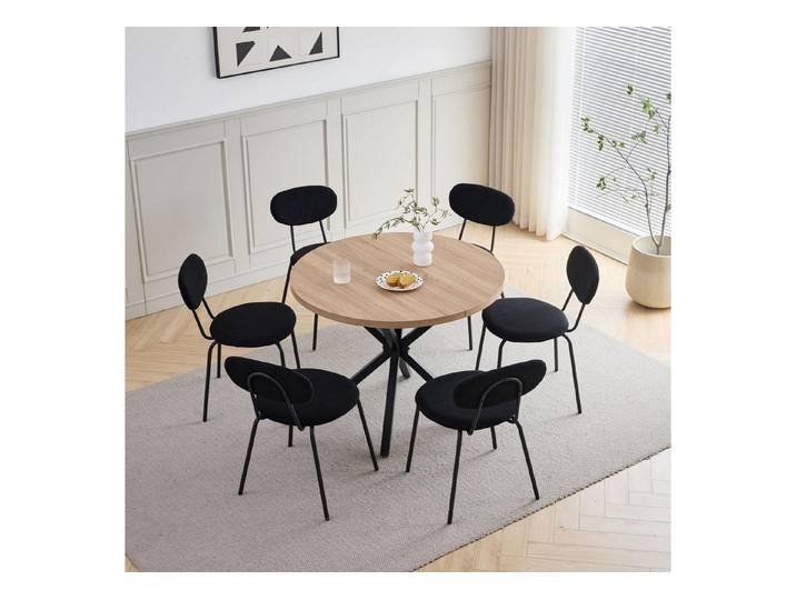 LuxusKollektion Essgruppe Esstisch Stuhl Set 100cm Rund Holz 1 Tisch 6 Stühle Hell Schwarz