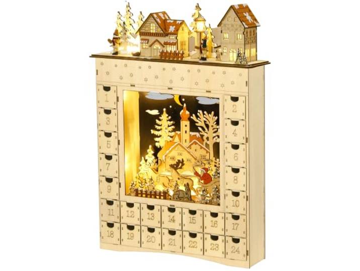 HOMCOM Calendrier de l'Avent LED Village Enneigé 24 Tiroirs Noël Beige Décoration Lumineuse