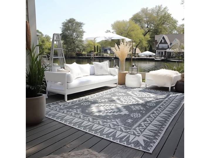 ELLE Decoration In und Outdoor Teppich – Wendeteppich Wetterfest & Wasserfest - Modernes Geometrisches Muster Rauten Muster Outdoorteppich für Garten, Balkon, Terrasse, Wohnzimmer – Silber, 120x170cm