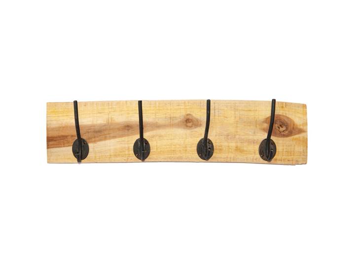 Garderobenleiste mit 4 Haken aus Teak-Holz, Metallhaken