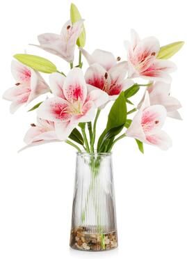 Enova Home Real Touch Tiger Lily Flower Arrangement in Clear Glass Vase with Faux Water for Home Office Decoration - N/A