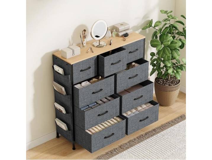 Buffet en tissu avec 9 tiroirs et 4 poches buffet cadre en métal 98 8x30x100 cm gris et noir