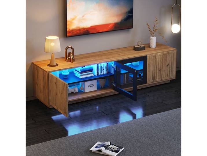 VUENOR meuble TV 180 x 40 x 45 cm naturel et noir avec LED et 4 portes