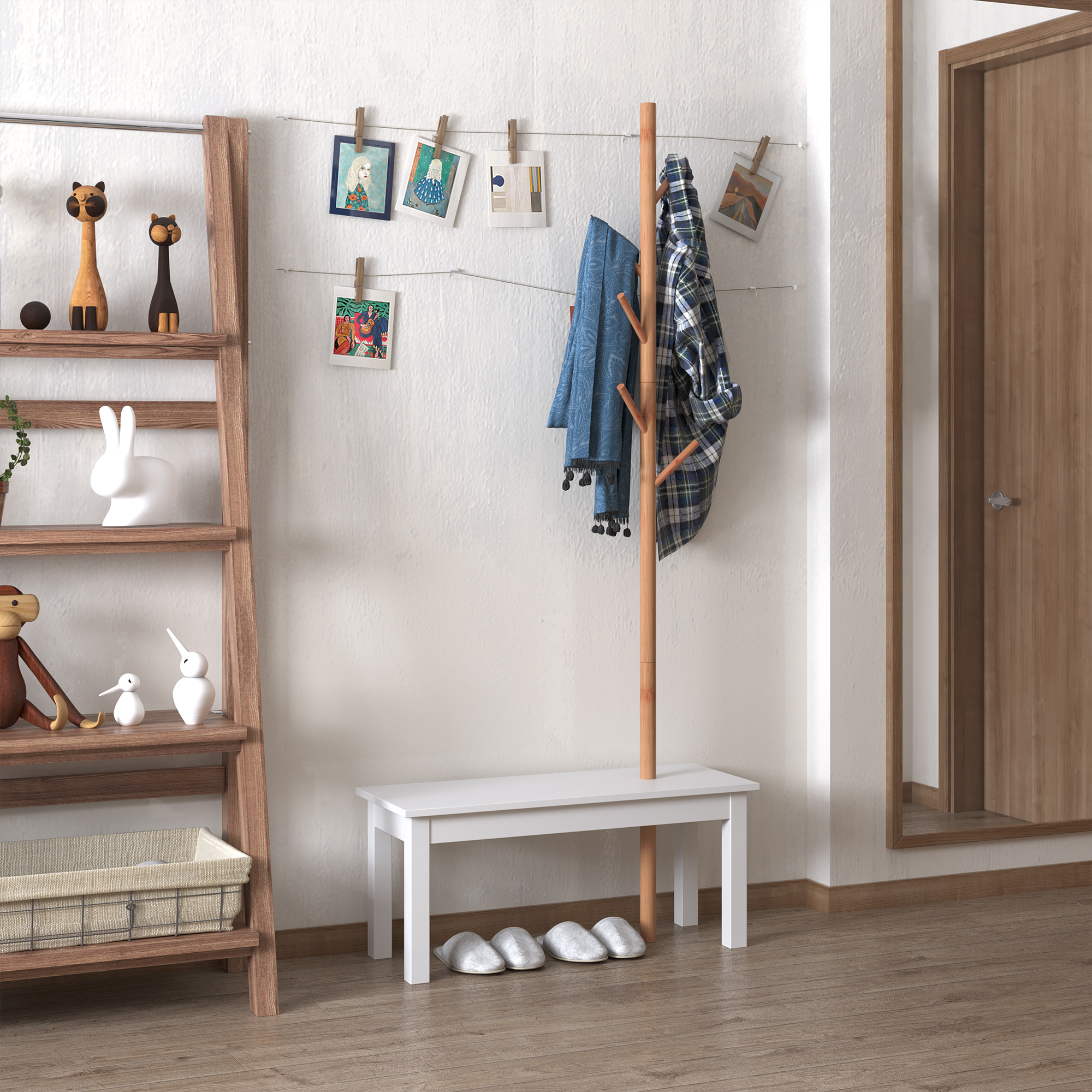 Homcom Appendiabiti Attaccapanni Con 6 ganci e Panca alla base，per Ingresso Camera da Letto, Bambù, Bianco Legno, 80x30x180cm Aosom Italy