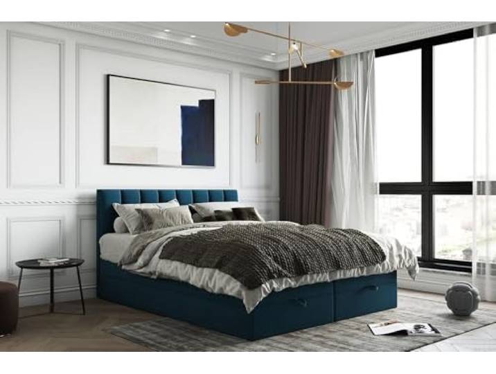 TRADA Boxspringbett, 140 x 200 cm, Gusto, Dunkelblau Bett mit Topper aus Memory Visco und Bettkasten mit Gasautomaten