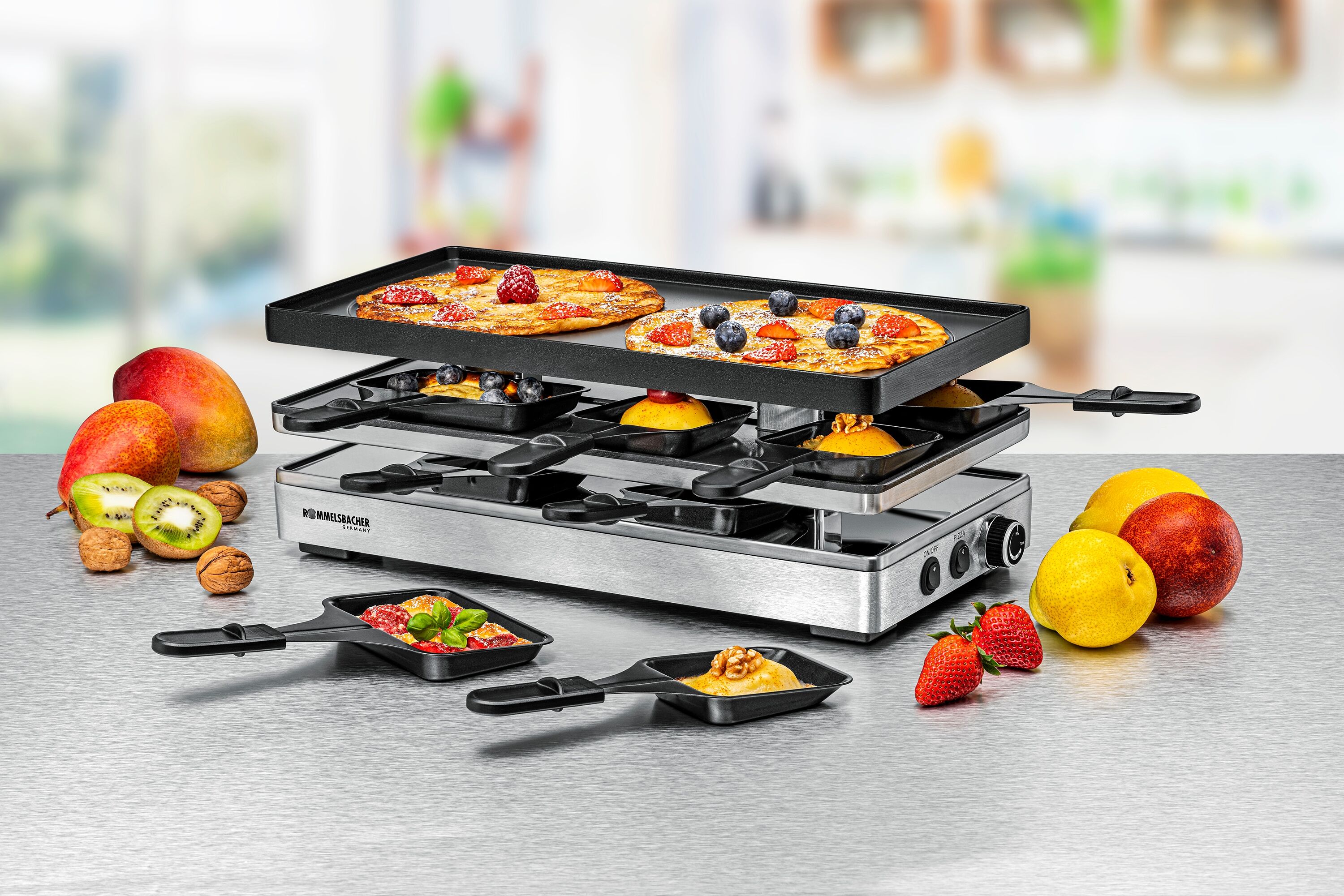 ROMMELSBACHER Raclette "RCP 1800", anthrazit, metallic, silber, B:42cm H:15,5cm T:21cm, Raclettes, Pizza-Ebene mit zusätzlicher Heizung für knusprigen Teigboden