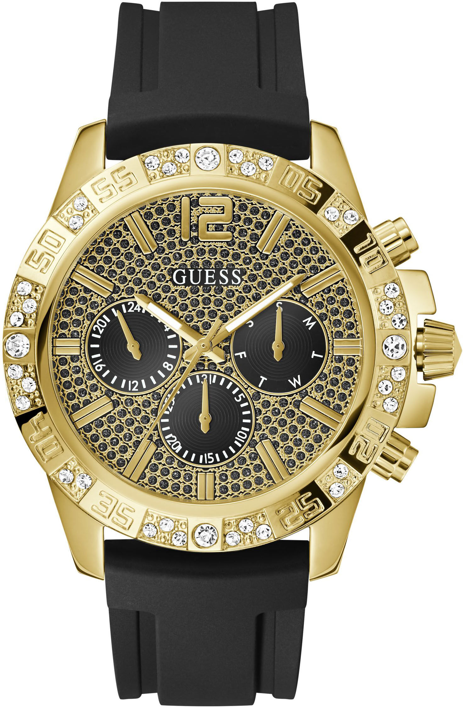 Multifunktionsuhr GUESS "MAJESTIC", schwarz, Armbanduhren, Herren, Quarzuhr, Armbanduhr, Herrenuhr, Datum, Wochentag, Silikonarmband
