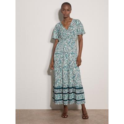 Maxikleid APRICOT "Maxikleid mit Paisley-Print", Damen, Gr. XS (34), N-Gr, weiß, gewebt, Obermaterial: 90% Viskose CV. 10% Polyamid PA., gemustert, V-Ausschnitt, Kleider Maxikleid, mit Stufen