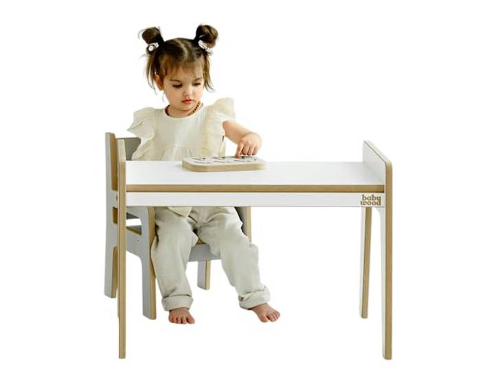 Babywood Tisch und Stuhl für Kinder, Kinderschreibtisch Set mit Stuhl aus Holz, sicherer Spieltisch Set (weiß)