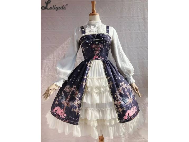 Robe Lolita JSK sans manches imprimée croix et fleurs, grande taille, robe de soirée féerique par Yiliya ~ précommande