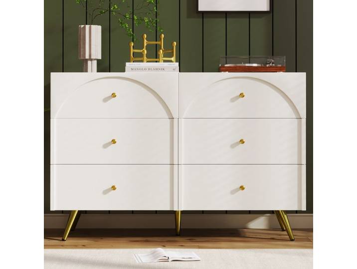 Commode crème blanche à 6 tiroirs avec façades cintrées