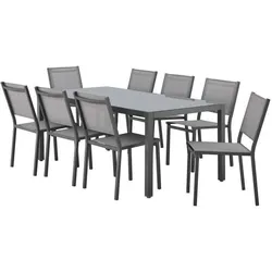 Sabaideco, Gartentisch + Balkontisch, Garten-Essgruppe: 180 cm Tisch + 8 Stühle – Aluminiumstruktur – Platte aus gehärtetem Glas – Grau