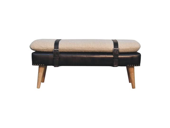Artisan Furniture Bank Bouclé Büffelleder Schwarz, Gürtelriemen-Design, Braun, Holz, Echtholz,Mangoholz, Holz Optik, Rechteckig, 90x40x35 cm, Esszimmer, Bank, Sitzbänke