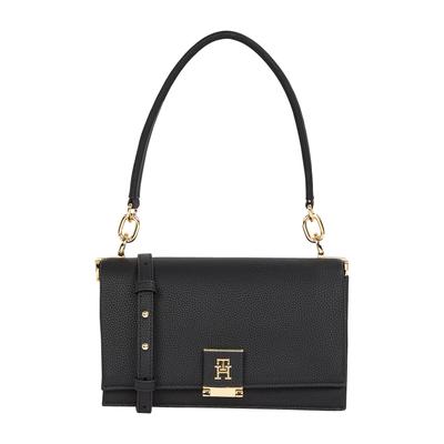Umhängetasche TOMMY HILFIGER "TH HER MED CROSSOVER", Damen, Gr. B/H/T: 25cm x 14cm x 12cm, schwarz, Lederimitat, Taschen Umhängetasche, Abendtasche, Clutch, Mini Bag mit goldfarbenem Highlights