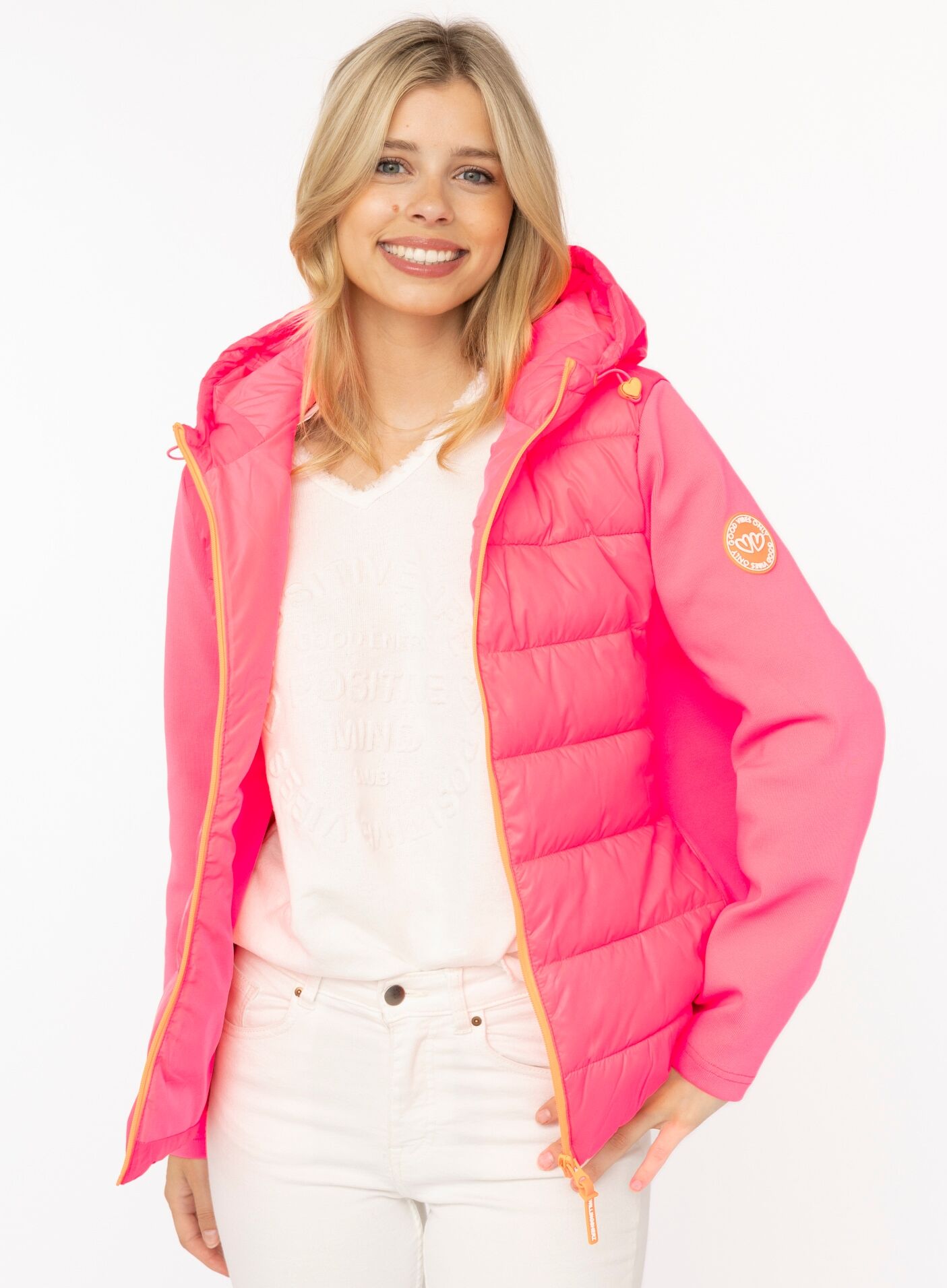 Steppjacke ZWILLINGSHERZ "„Good Vibes“", Damen, Gr. L, pink (neonpink), Obermaterial: 100% Polyester, Jacken Steppjacke, gesteppte Partien vorne und hinten, seitliche Einsätze elastisch neonpink L