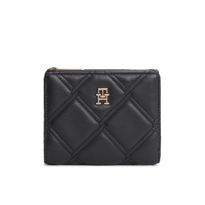 Geldbörse TOMMY HILFIGER "TH FEMININE BIFOLD", Damen, schwarz, Lederimitat, Kleinlederwaren, Damen Geldbeutel, Portemonnaie mit goldfarbenem TH-Logoelement