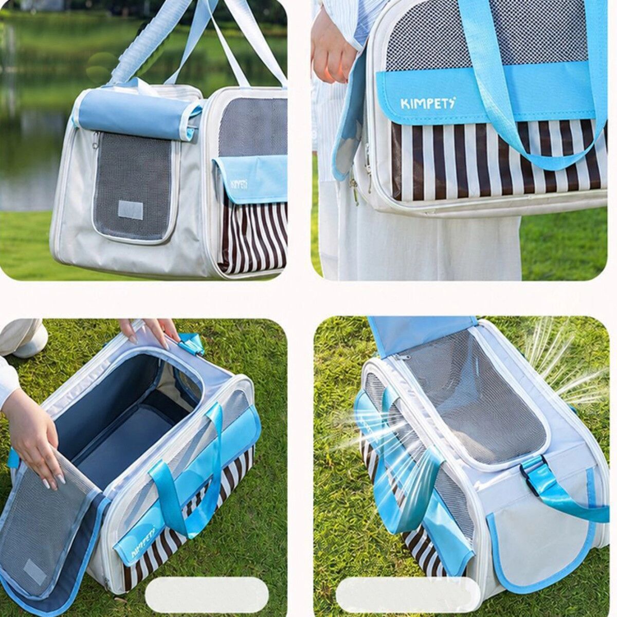 INF Sac de transport pliable en polyester Bleu/Bleu marine - Grande capacité, ventilé, couverture relevable, portage main ou