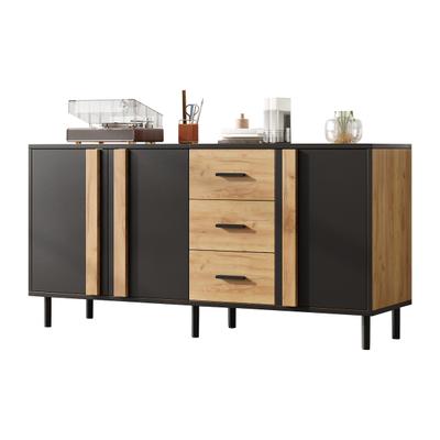 Merax Sideboard 140 x 35 x 70 cm mit 3 Türen, 3 Schubladen und 6 Metallbeinen, Schwarz/Naturholzoptik