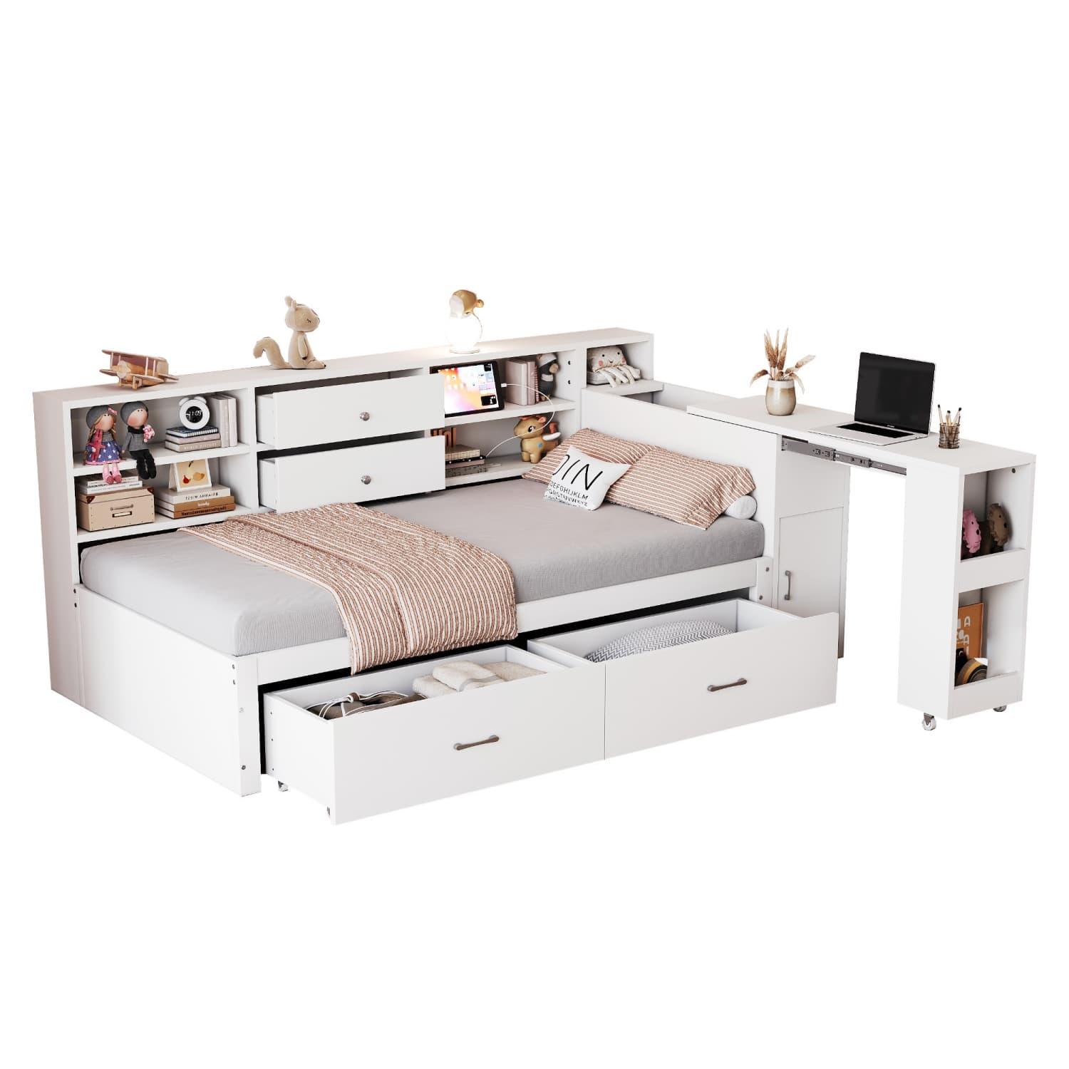 Holzschlafsofa,Holzbett,multifunktionaler Stauraum,verdeckte Staufächer+Regale,2 große Schubladen,Multifunktionssteckdose,ausziehbarer Schreibtisch