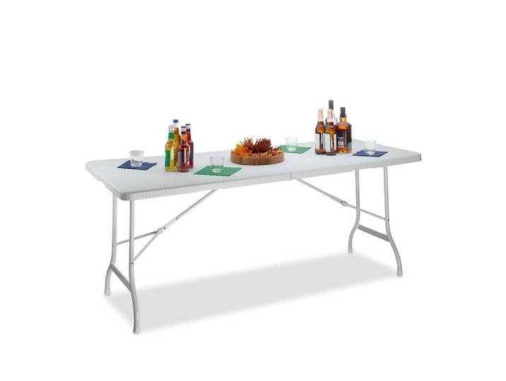 Relaxdays Gartentisch Weiß klappbar Rattan-Optik Kunststoff 178x74 cm, Kunststoff, Metall, 178x72x74 cm, Gartenmöbel, Gartentisch, Gartentische