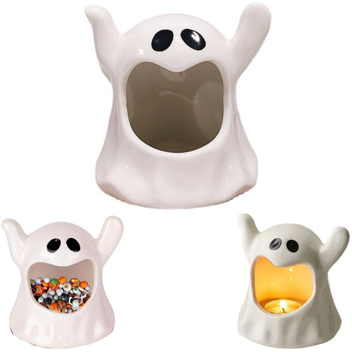 Wit Keramische Halloween Spookvormige Snoepkom en Kaarsenhouder - H 11 x B 10 x D 10 cm