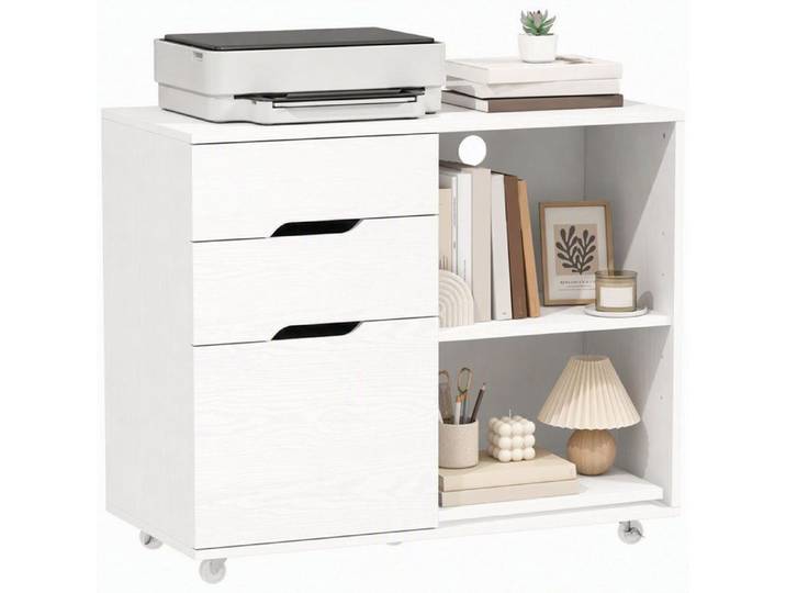 VVBV Meuble Imprimante sur Roulettes Caisson de Bureau 3 Tiroirs 2 Étagères Rangement Dossiers A4 Blanc 80x40 cm