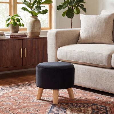 Adeco Small Round Ottoman Foot Rest Stool Linen Padded Seat Footstool with Anti-Slip Wooden Legs