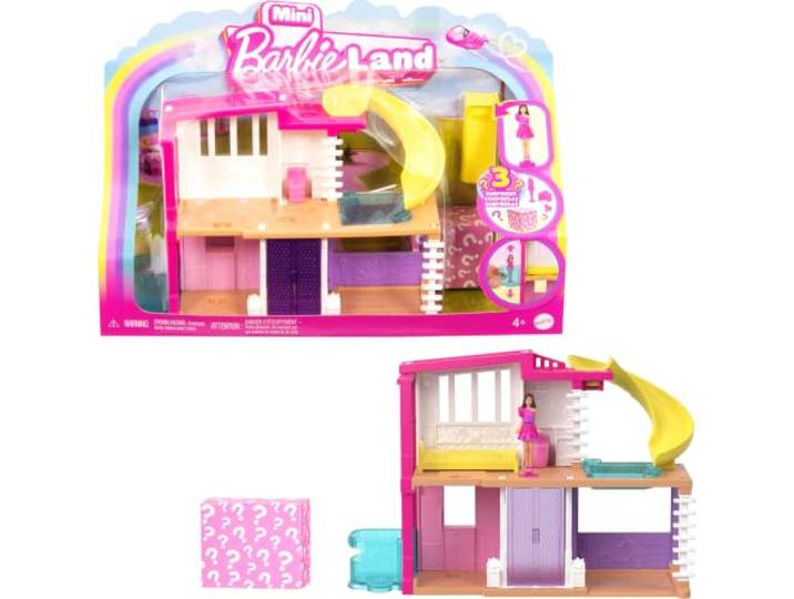 Barbie Mini BarbieLand Poppenhuissets, Mini Droomhuis met verrassing, Barbie pop van bijna 4 cm, meubels en accessoires, met lift en zwembad, 4 jaar+, HYF47