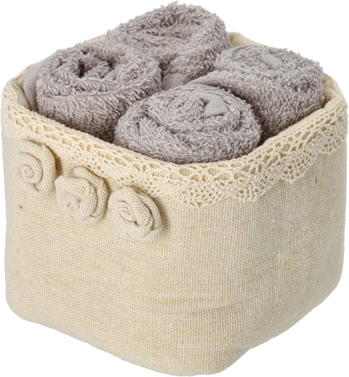 4-delige katoenen lavette set met opbergmand met rozenmotief in beige