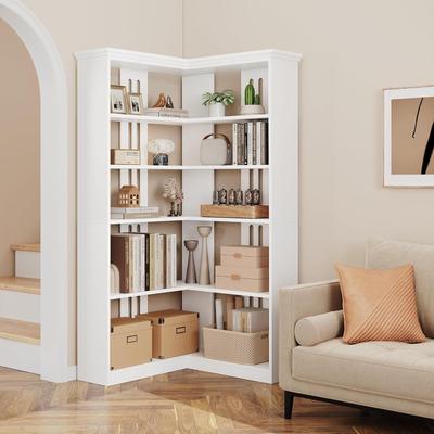 Garvee Corner Bookshelf 72.8in Farmhouse Bookcase Large Bookshelf Wood Bookcase Tall 5 Tier Corner Shelf L Shaped Bookshelfs