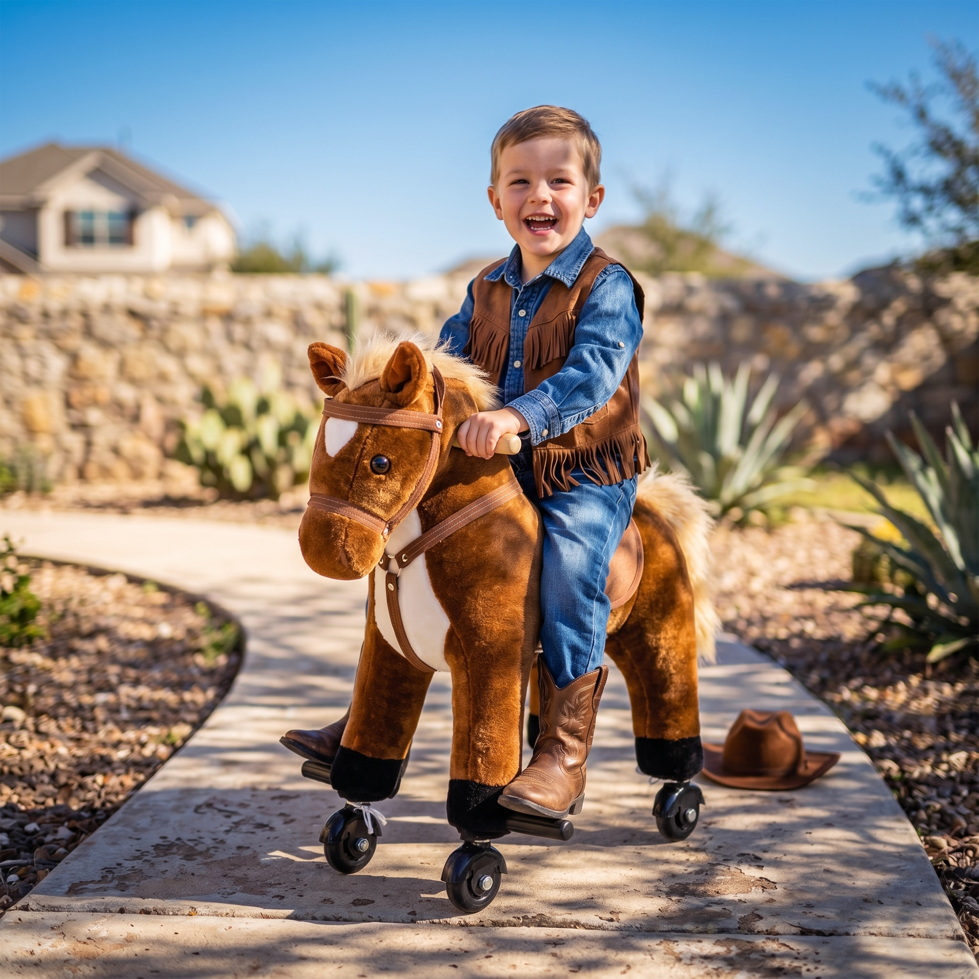Homcom Cavallo cavalcabile per bambini con rotelle, poggiapiedi e suoni, Marrone   Aosom Italy
