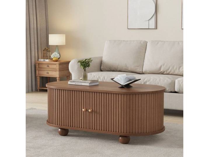 Table Basse Ovale en Noyer avec Espace de Rangement Table Basse avec Porte Coulissante à 360 degrés Table d'appoint 100x50x40 cm