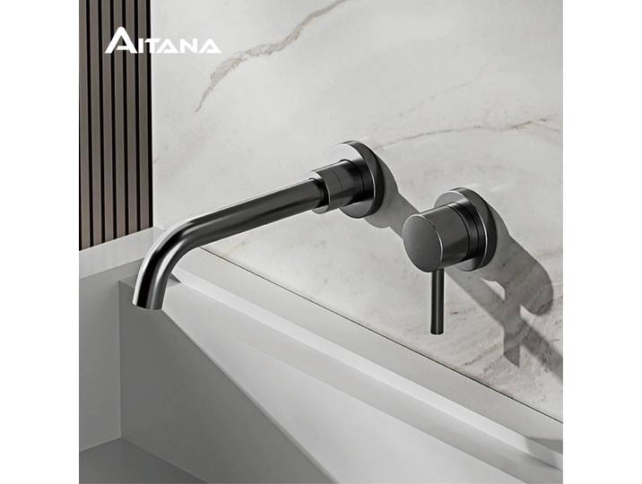 Robinet de lavabo mural moderne en laiton noir avec design encastré, 2 trous, monocommande, eau froide et chaude, double commande