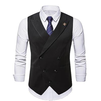 Herrenweste, Hochzeitsweste, Trauzeugenweste, Verschlusskragen, Vintage-Klassiker, einfarbige Weste, schwarz/beige, taillierte Passform, zweireihig, fünf Knöpfe