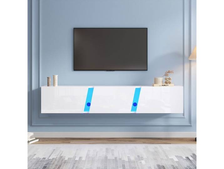 Meuble TV suspendu - ZEMINPEOEL - 180x35x30 cm blanc brillant LED via appli 3 abattants acrylique TV 75 pouces