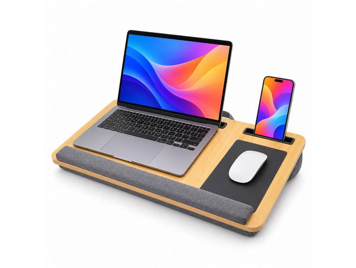 Relaxdays Laptopkissen Holzoptik mit Mauspad für 17 Zoll, Mehrfarbig, Kunststoff, Textil, 55x6.5x34 cm, Büromöbel, Bürozubehör