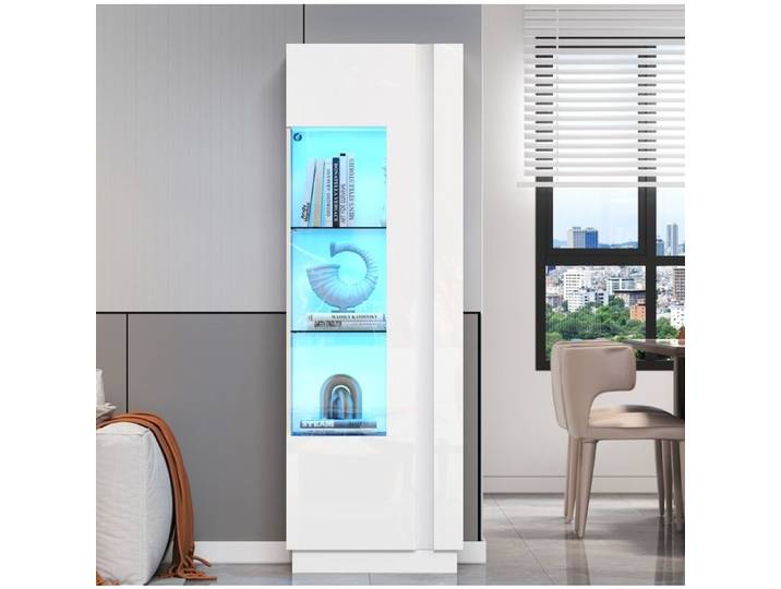Vitrine Haute En Bois Blanc Highboard Design FloraGrace Pour Salon LED Controle Par Application 60x40x180cm