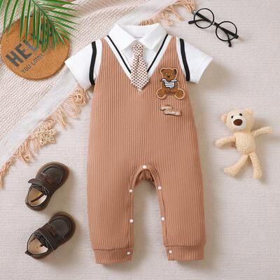 Top Demand Picks Baby Boy Jumpsuit, Collar Cartoon Teddy Bear Short Brown Jumpsuit For Birthday Party & Photo Shoots xp250408 3 6m