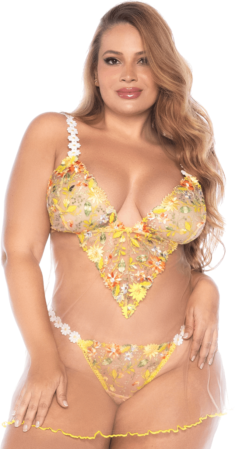 Mapalé Nuisette grande taille transparente brodée jaune et string